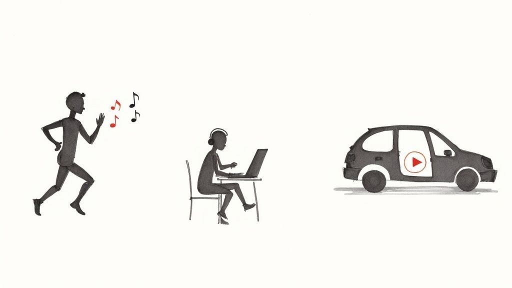 Three figures illustrating music consumption: a runner, a person with headphones and laptop, and a car with a play icon.