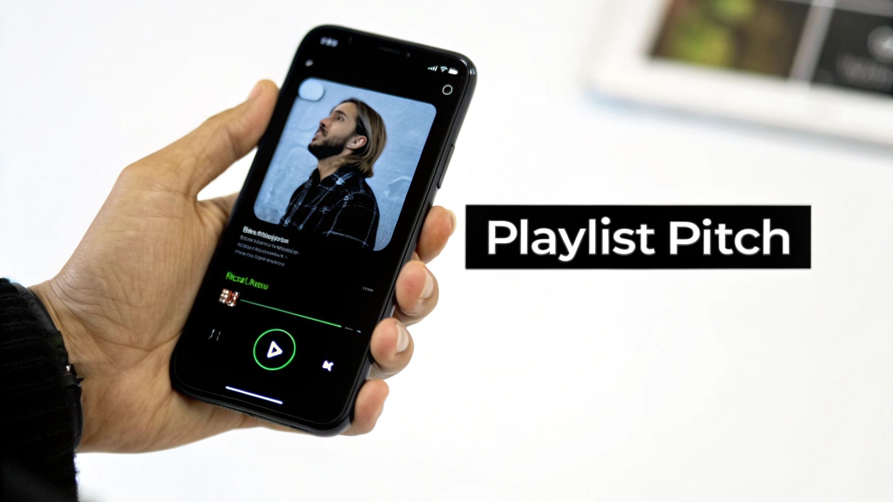 Hand holding a smartphone displaying a music player with a man's photo and 'Playlist Pitch' text.