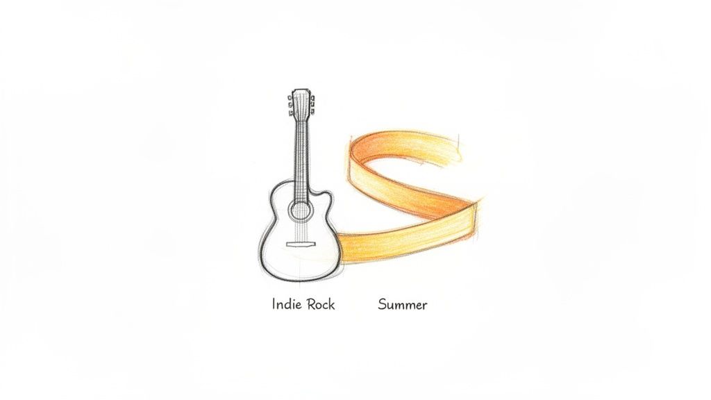 Hand-drawn acoustic guitar and orange ribbon representing "Indie Rock" and "Summer" for music playlists.