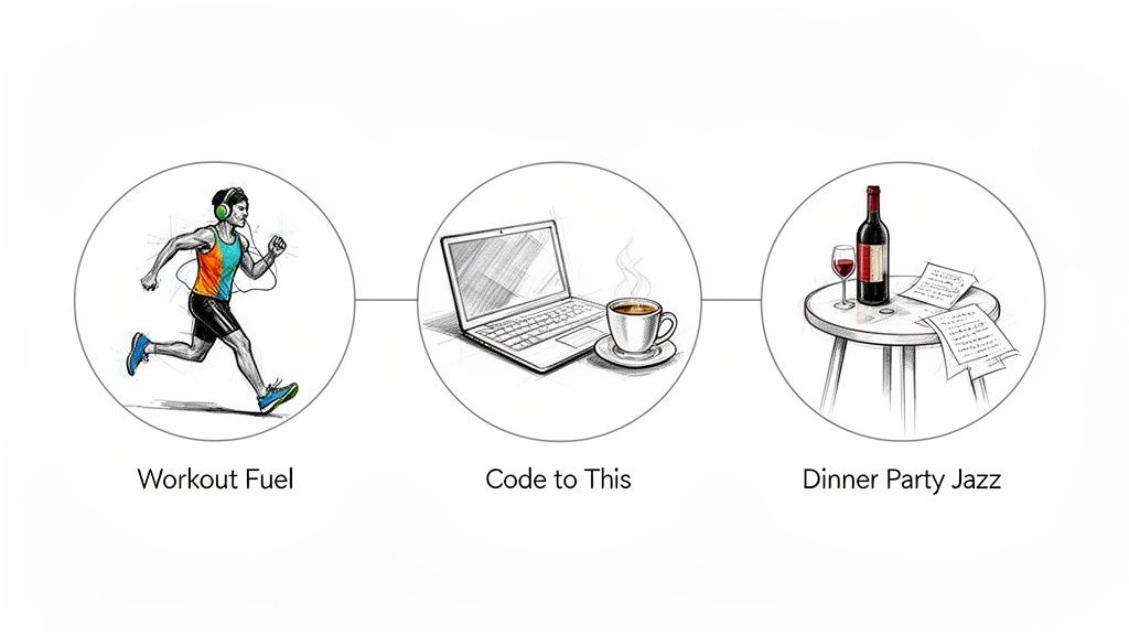 Illustrations of a runner, a laptop with coffee, and wine, representing daily activities and moods.
