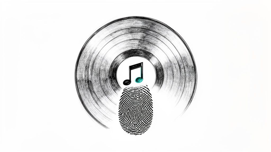 A stylized image of a vinyl record with a music note and fingerprint, symbolizing music identification.