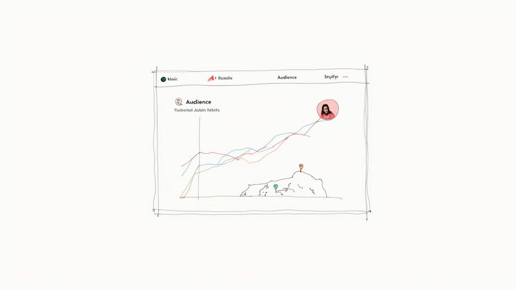 An artist reviewing their music statistics on a laptop, showing charts and graphs related to Spotify streams.