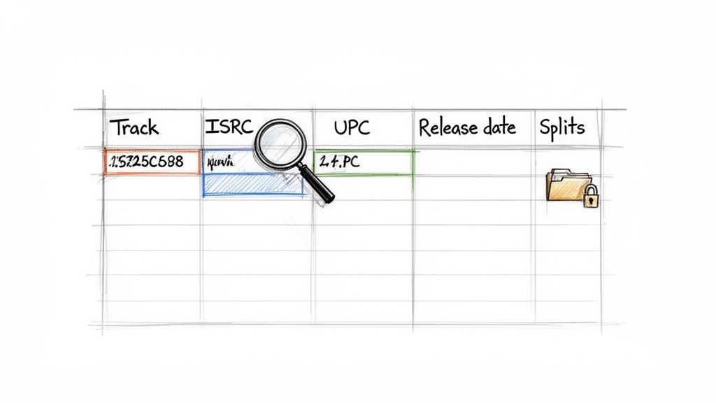Hand-drawn spreadsheet showing music track data, ISRC, UPC, and secured splits with a magnifying glass.