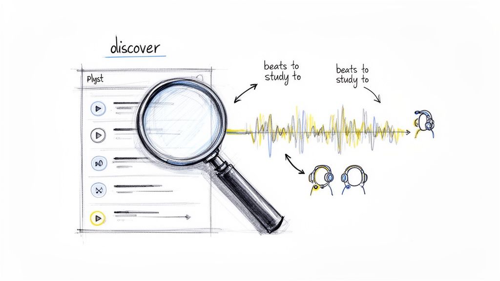A hand-drawn illustration depicting music discovery, analyzing sound waves for study beats.