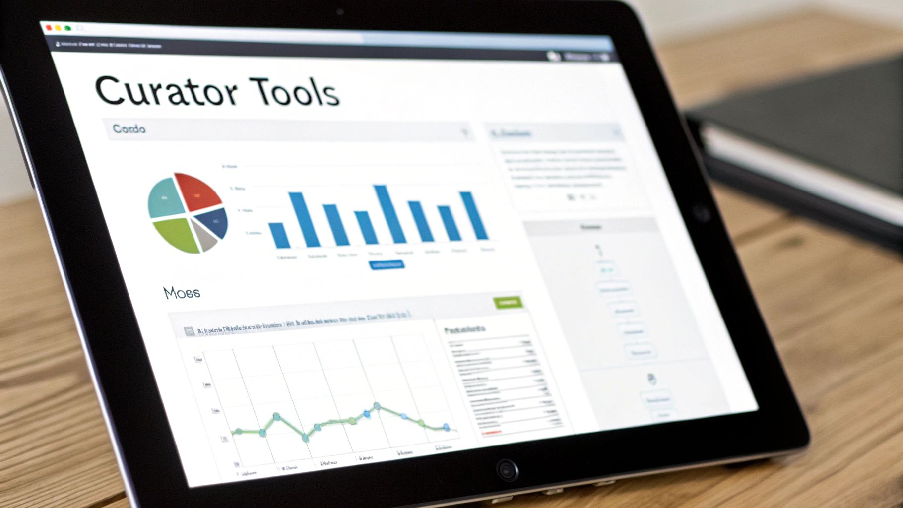 A tablet displaying a 'Curator Tools' dashboard with various data visualizations, including pie, bar, and line charts.