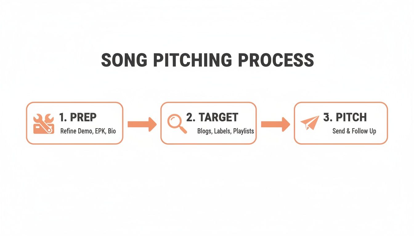 A three-step song pitching process diagram showing prep, target, and pitch stages.