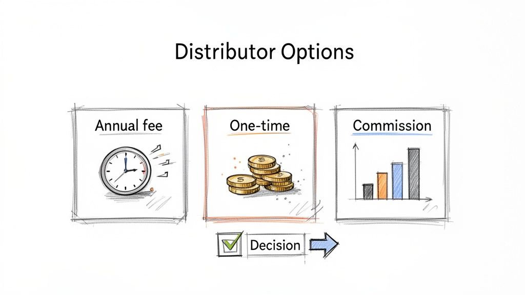 Hand-drawn diagram illustrating three distributor options: annual fee, one-time payment, and commission.