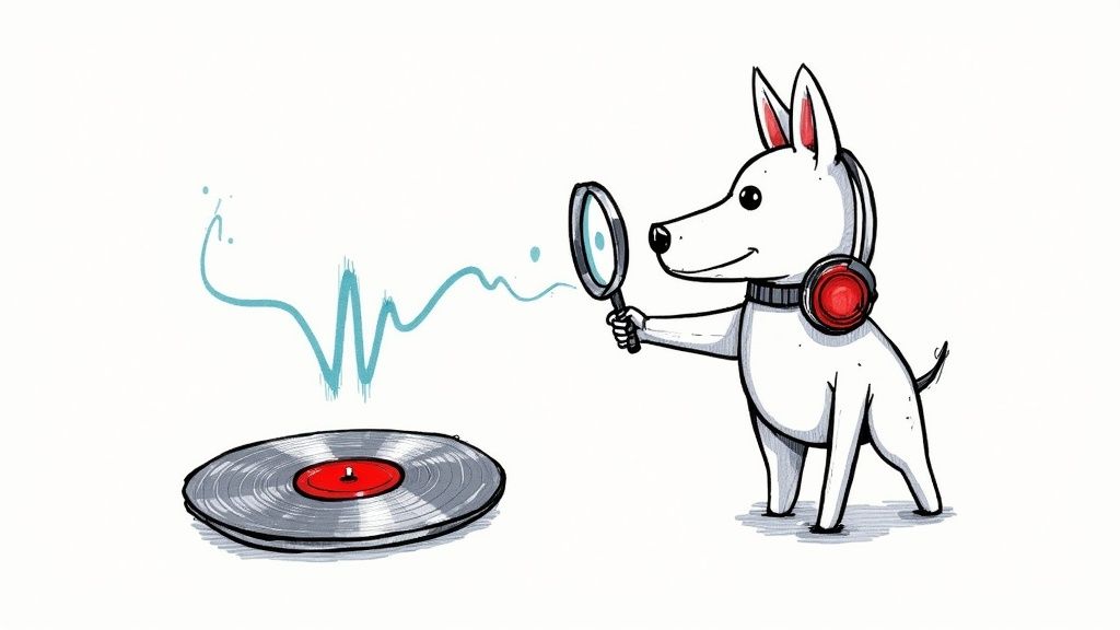 A cartoon dog with headphones uses a magnifying glass to inspect a sound wave from a vinyl record.