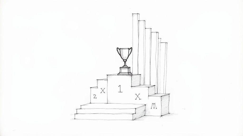A black and white sketch depicts a trophy on a multi-tiered winners' podium with numbers.
