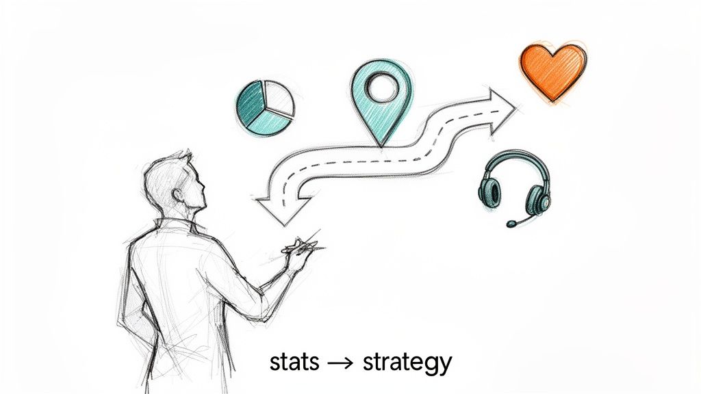 A hand-drawn illustration depicting a person using stats to build a strategy, involving data, location, and customer care.