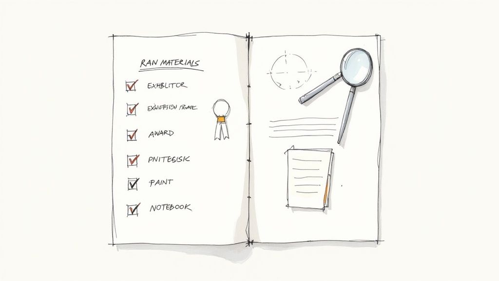 A messy but organized desk with notebooks, pens, and paint swatches, symbolizing the brainstorming process of gathering ideas for an artist bio.