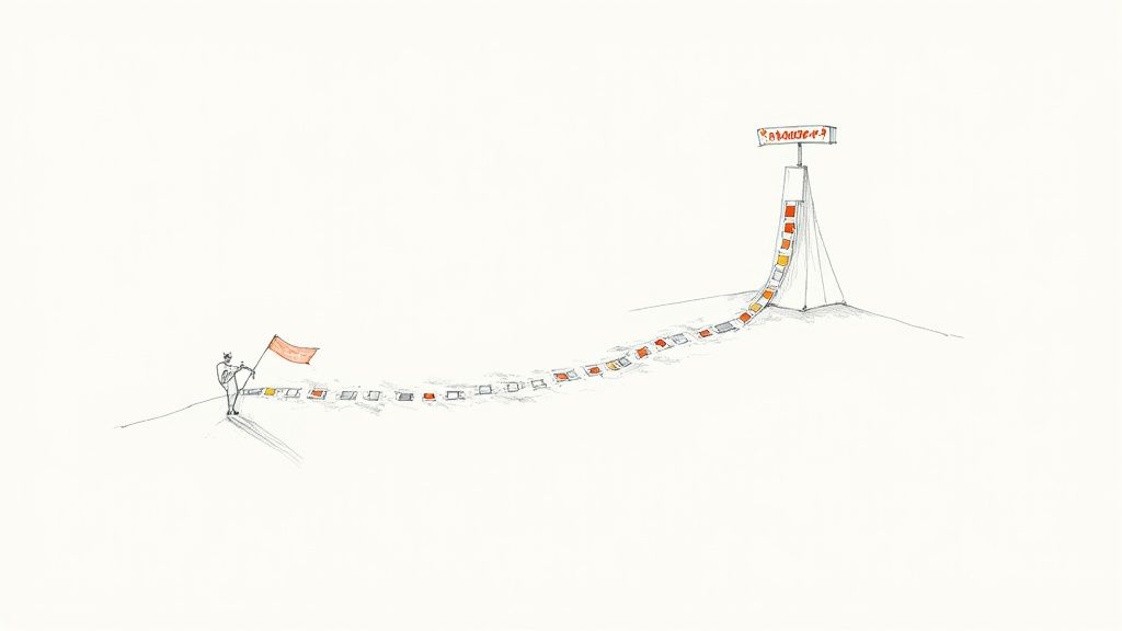 Minimalist drawing of a figure with a flag marking a path of colorful squares to a "LONGEST" sign.