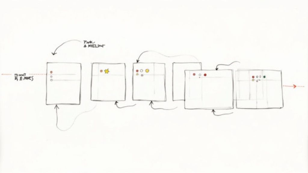 Hand-drawn diagram showing a sequential flow of UI states with circles and a star, indicating progression.