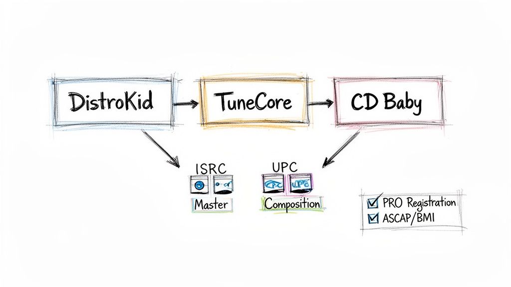 Flowchart illustrating the music distribution process through DistroKid, TuneCore, CD Baby, ISRC, UPC, and PRO registration.