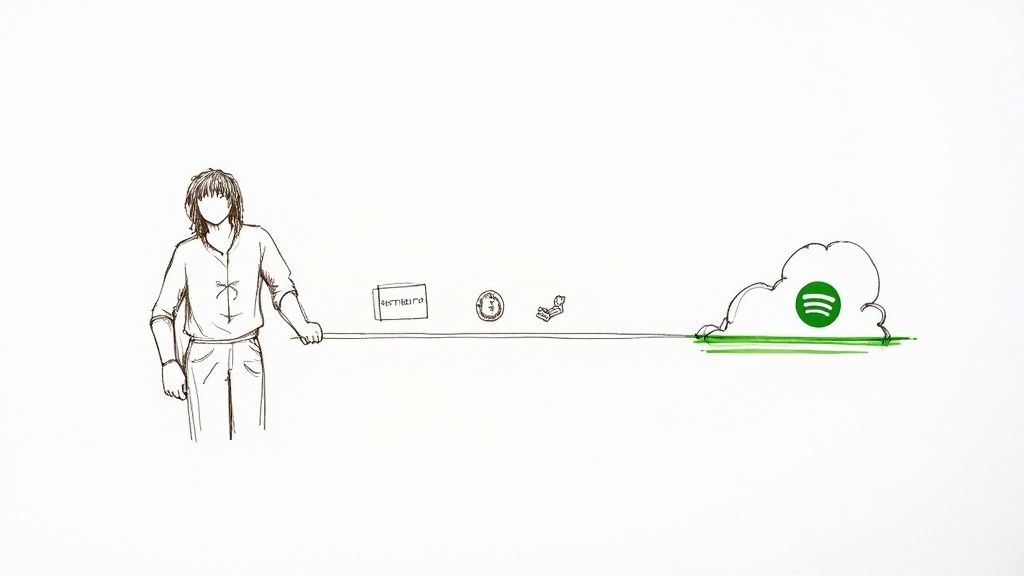 Hand-drawn illustration of a person holding a line connected to a Spotify cloud, representing music distribution.
