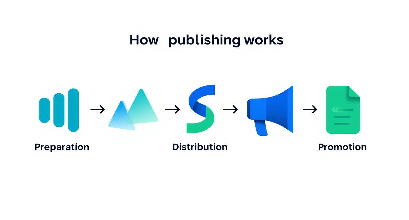 A flowchart illustrating how publishing works with steps: Preparation, Distribution, and Promotion, depicted by relevant icons.