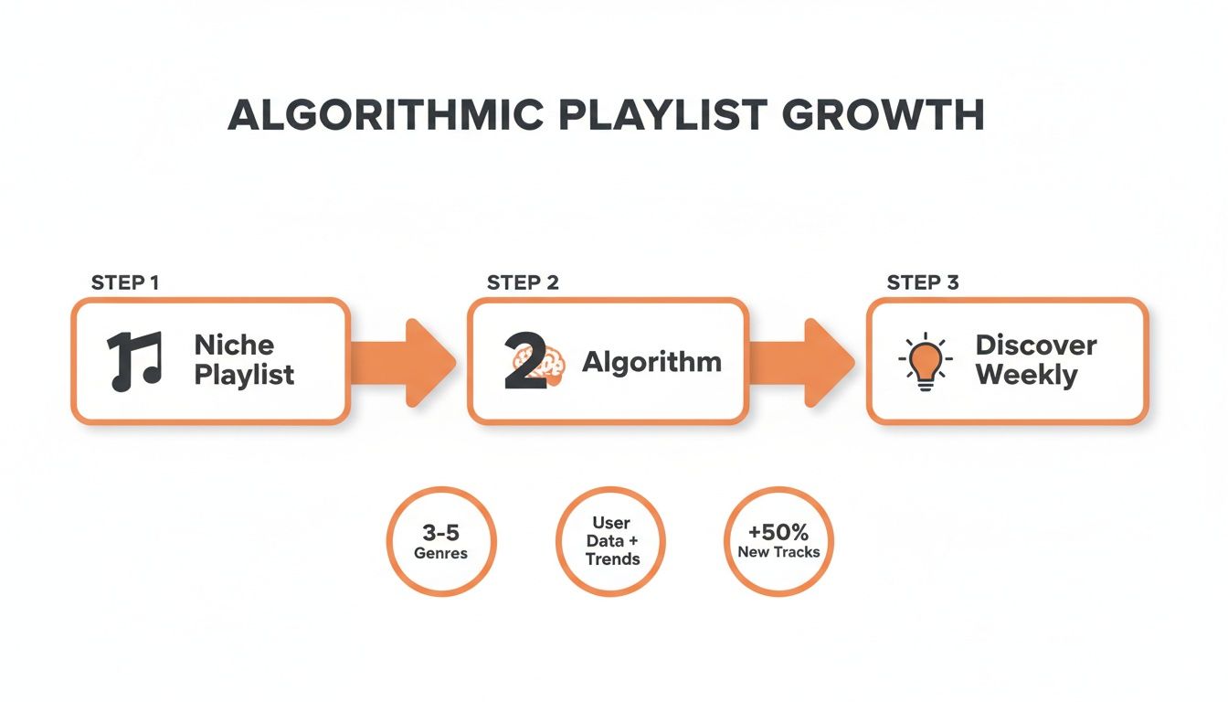 Diagram showing a 3-step process for algorithmic playlist growth: Niche Playlist, Algorithm, Discover Weekly.
