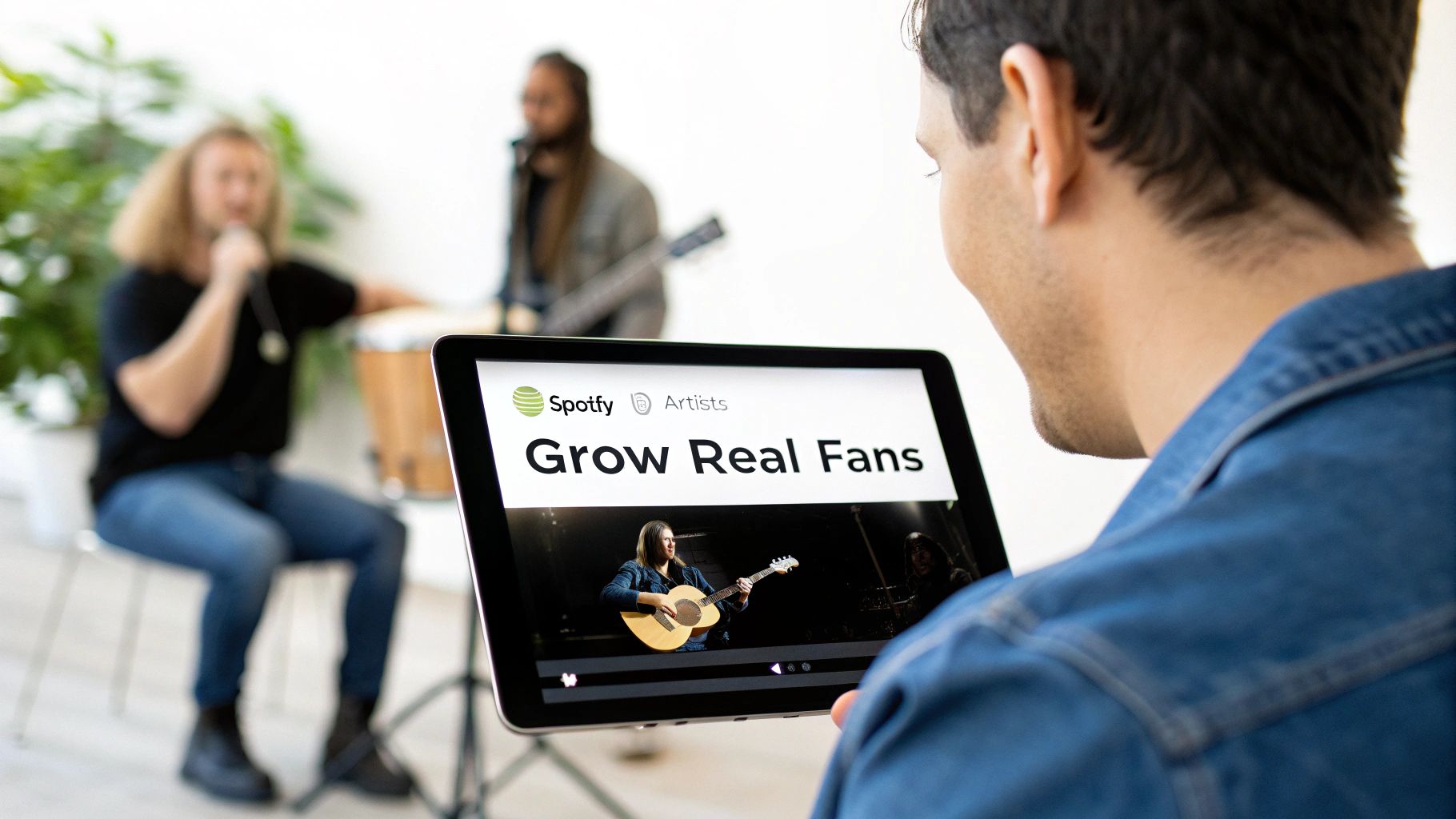 A person views Spotify Artists on a tablet, showing 'Grow Real Fans' and a musician playing an acoustic guitar.