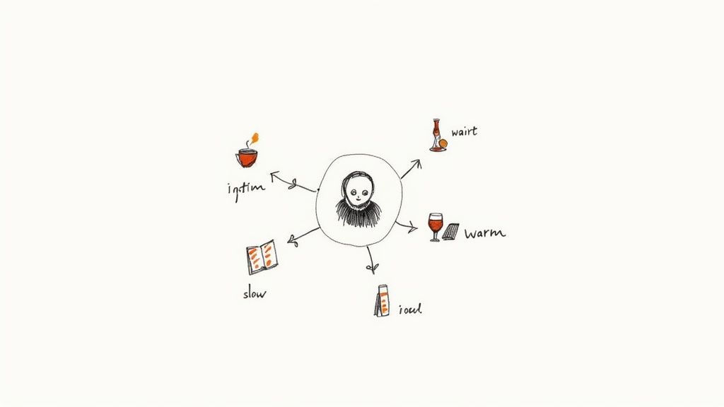 A whimsical sketch depicting a person's mind map with concepts like 'warm', 'slow', and 'intimate'.