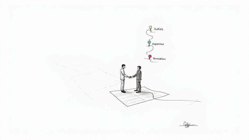 A person signing a contract on a wooden desk with a laptop and plant nearby.