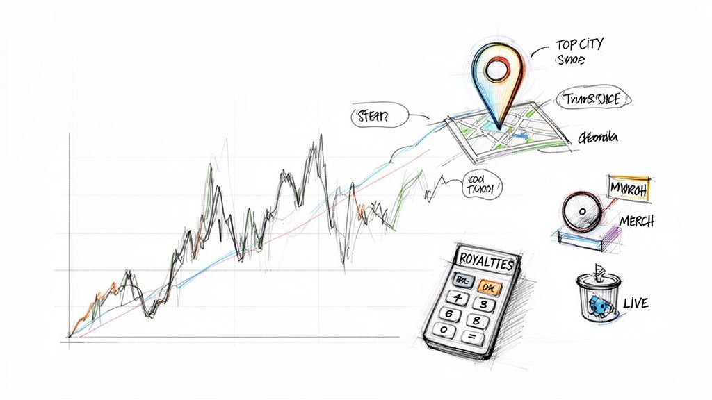 A hand-drawn sketch illustrating music industry revenue streams, including live shows, merchandise, and royalties.