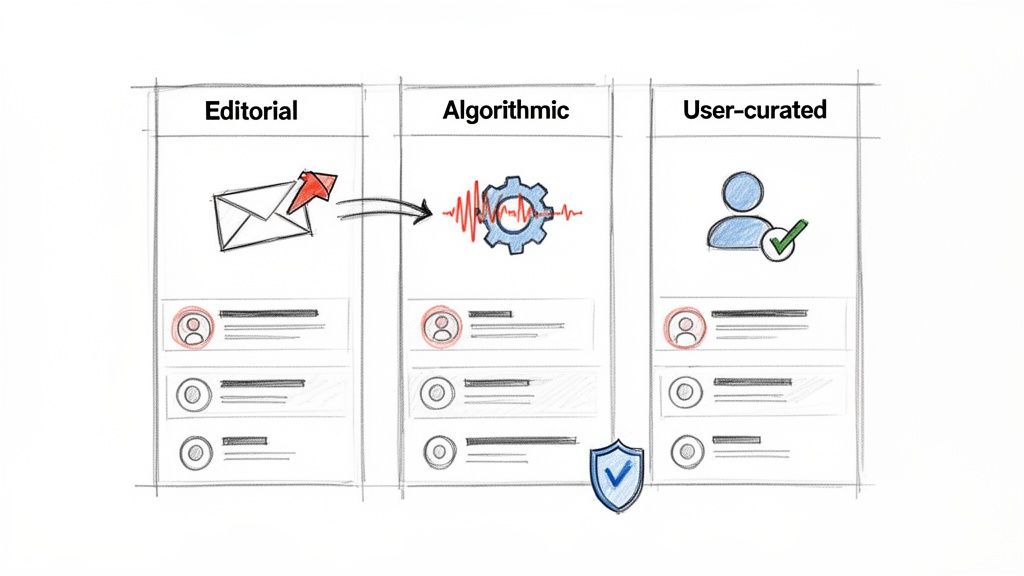 Diagram showing editorial, algorithmic, and user-curated content distribution models with security features.