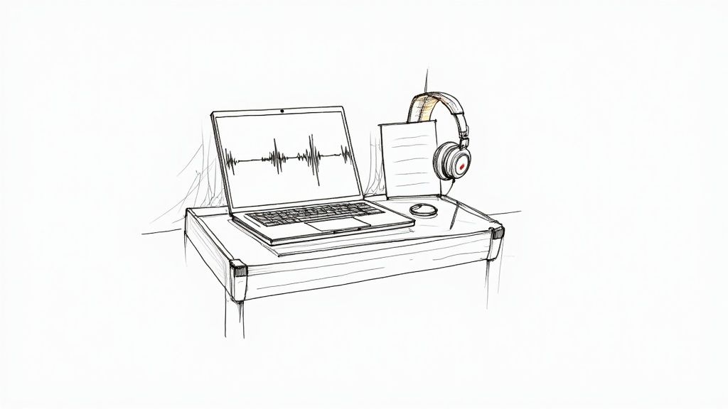 A line art sketch of a laptop displaying a sound wave, headphones, and a mouse on a desk.