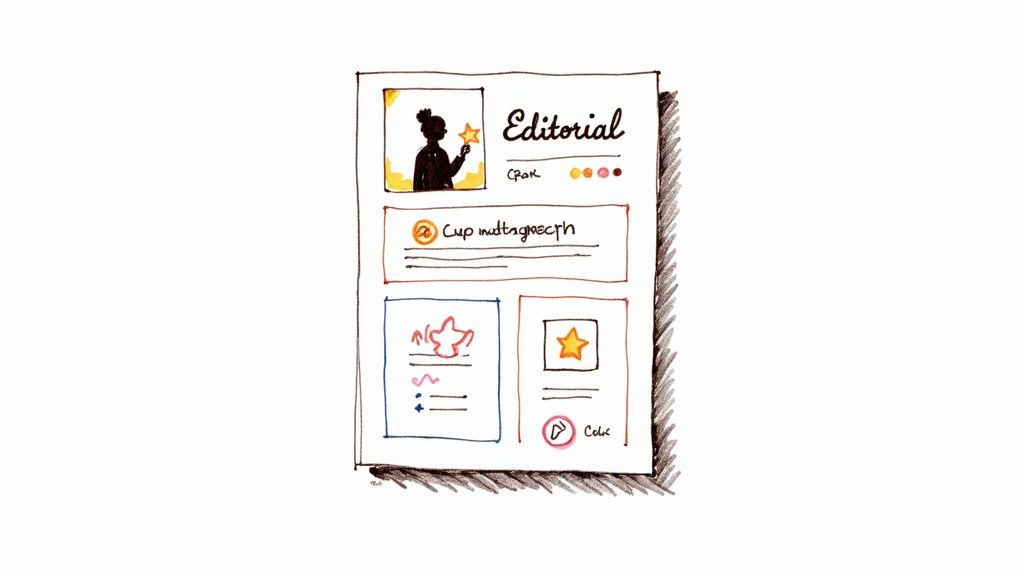 Hand-drawn wireframe mockup showing editorial playlist layout with star icons and content sections