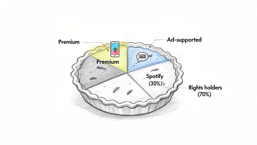 Pie chart illustrating Spotify's revenue split between premium, ad-supported, Spotify (30%), and rights holders (70%).