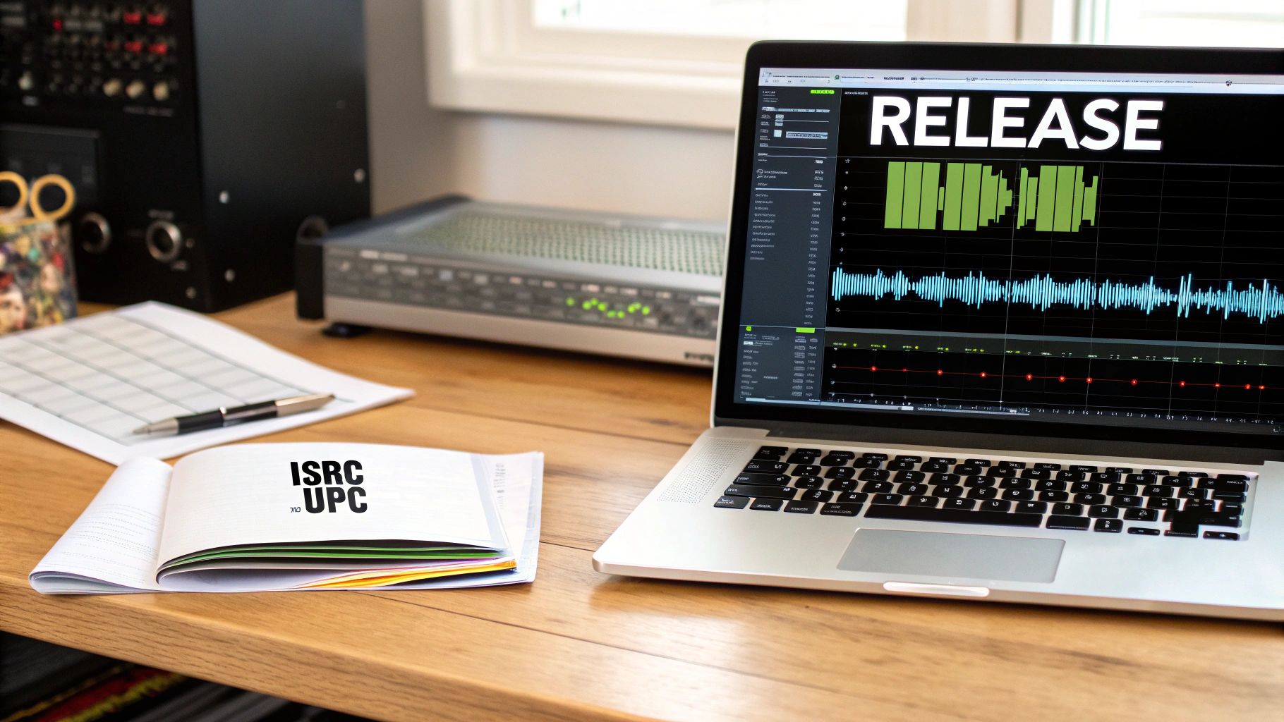 Laptop displaying music release software with audio waveforms, an ISRC UPC notebook, and a pen.
