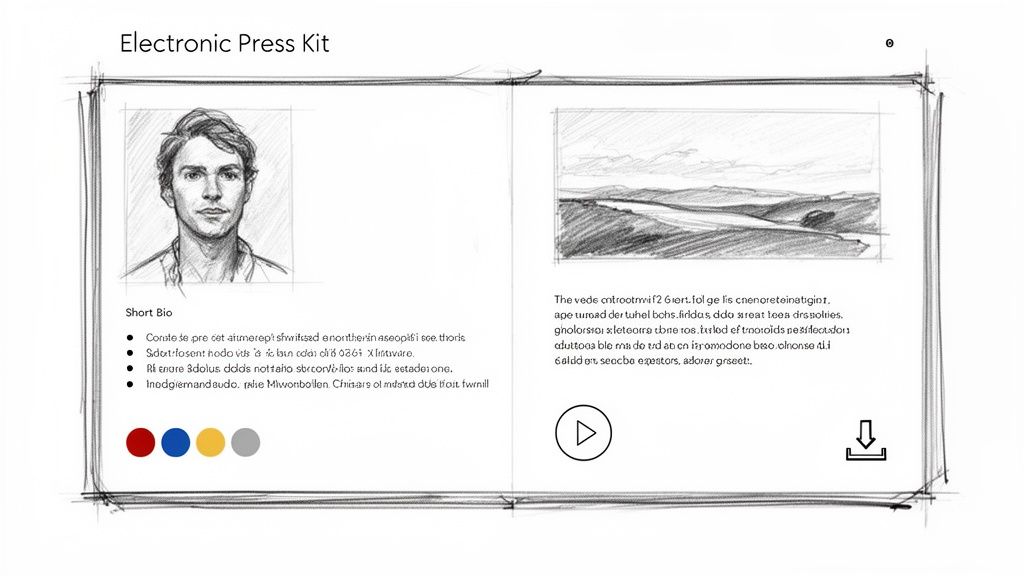 A conceptual sketch of an electronic press kit with a portrait, landscape, bio, and interactive elements.