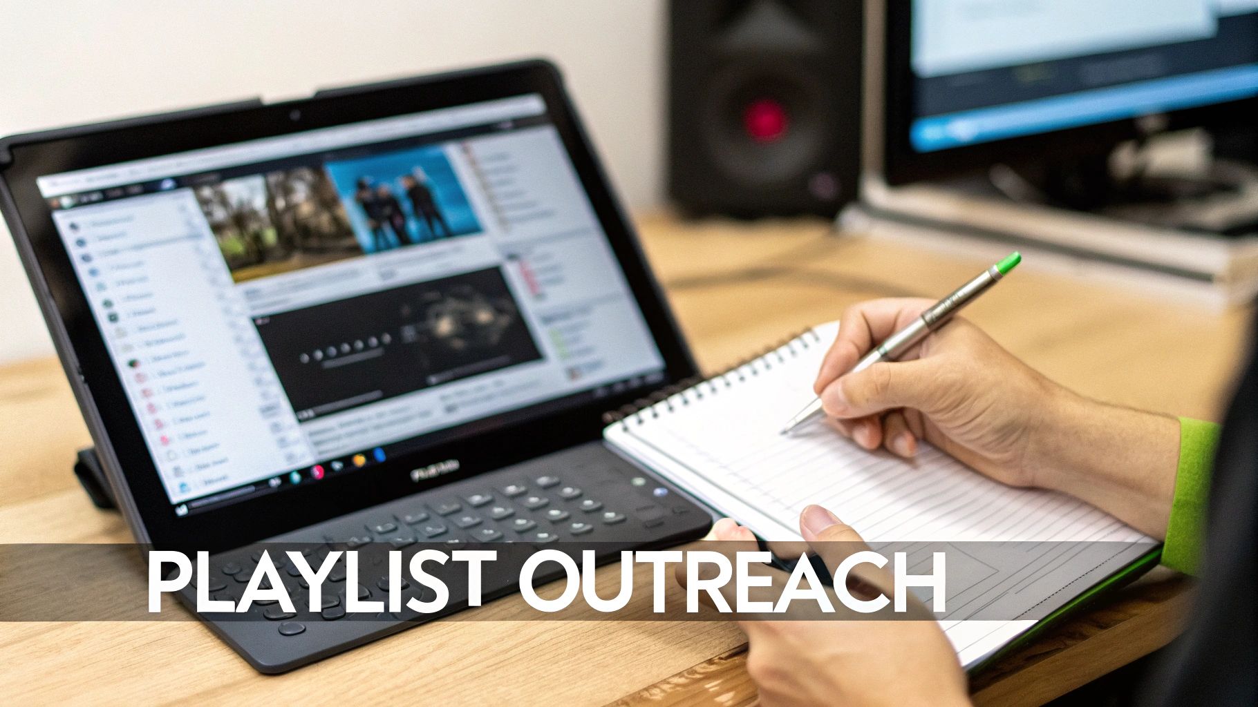 Person writing notes in a spiral notebook next to a laptop displaying online content, symbolizing playlist outreach.