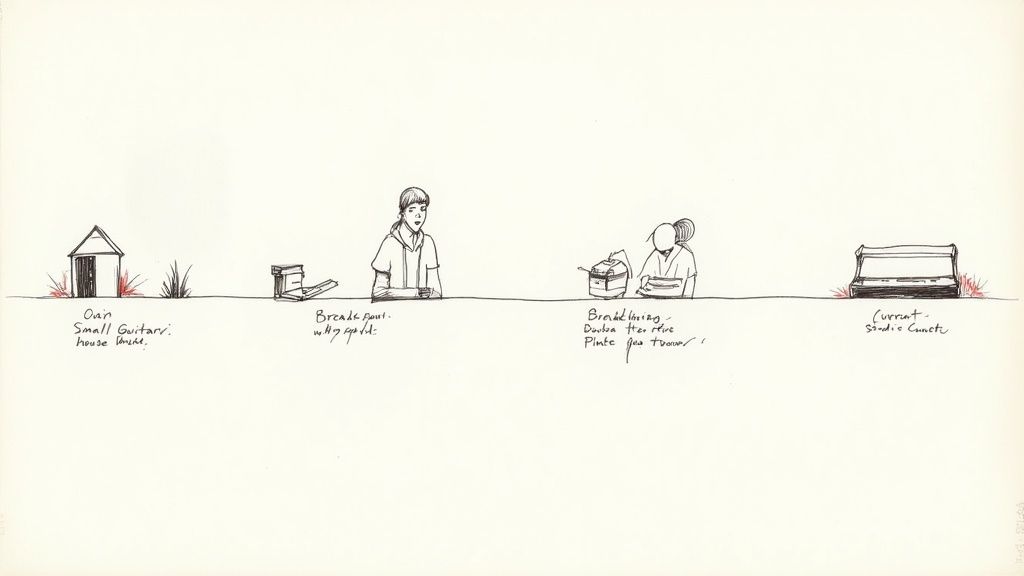 Hand-drawn timeline of a musician's journey, showing stages from small house to sound creation.