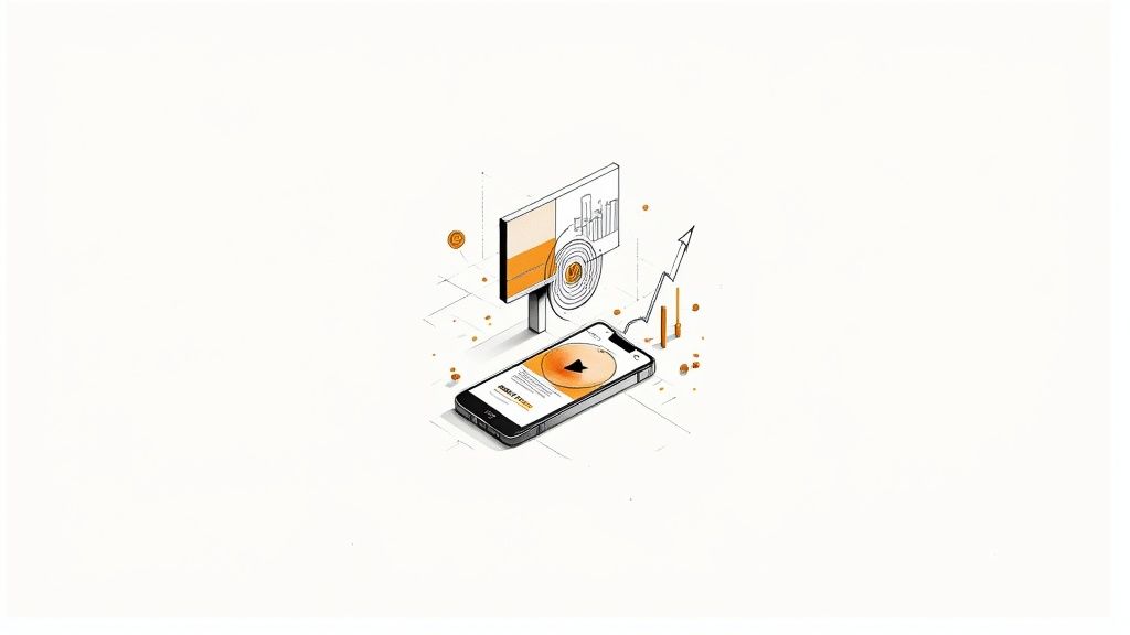 Isometric illustration showing smartphone with music analytics dashboard and data visualization charts in orange and black