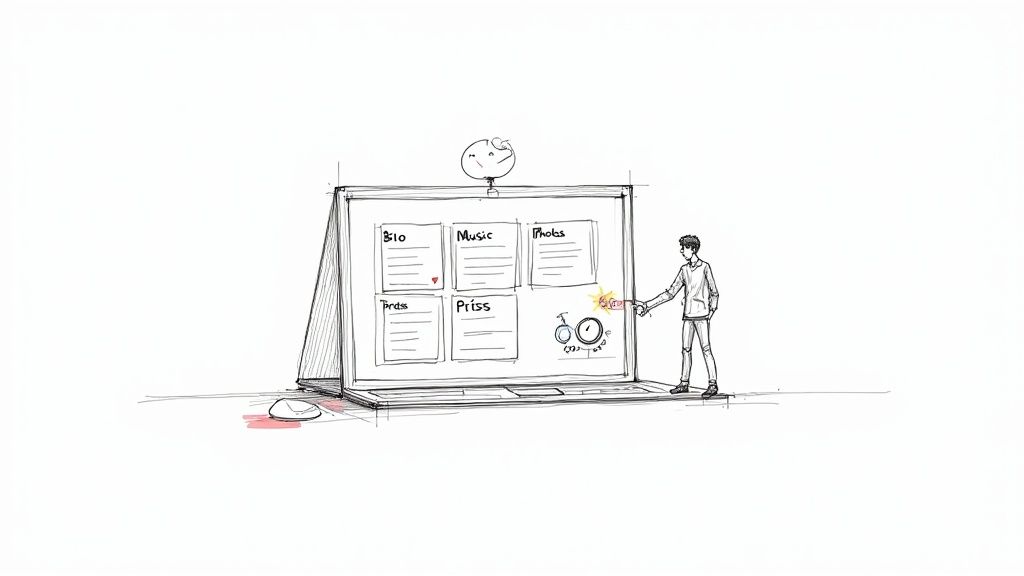 A hand-drawn sketch of a person interacting with a laptop screen displaying sections like 'Bio', 'Music', and 'Photos', creating sparks.