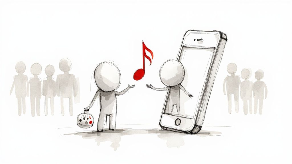 Stick figures sharing music from smartphone with red musical note symbolizing digital music promotion