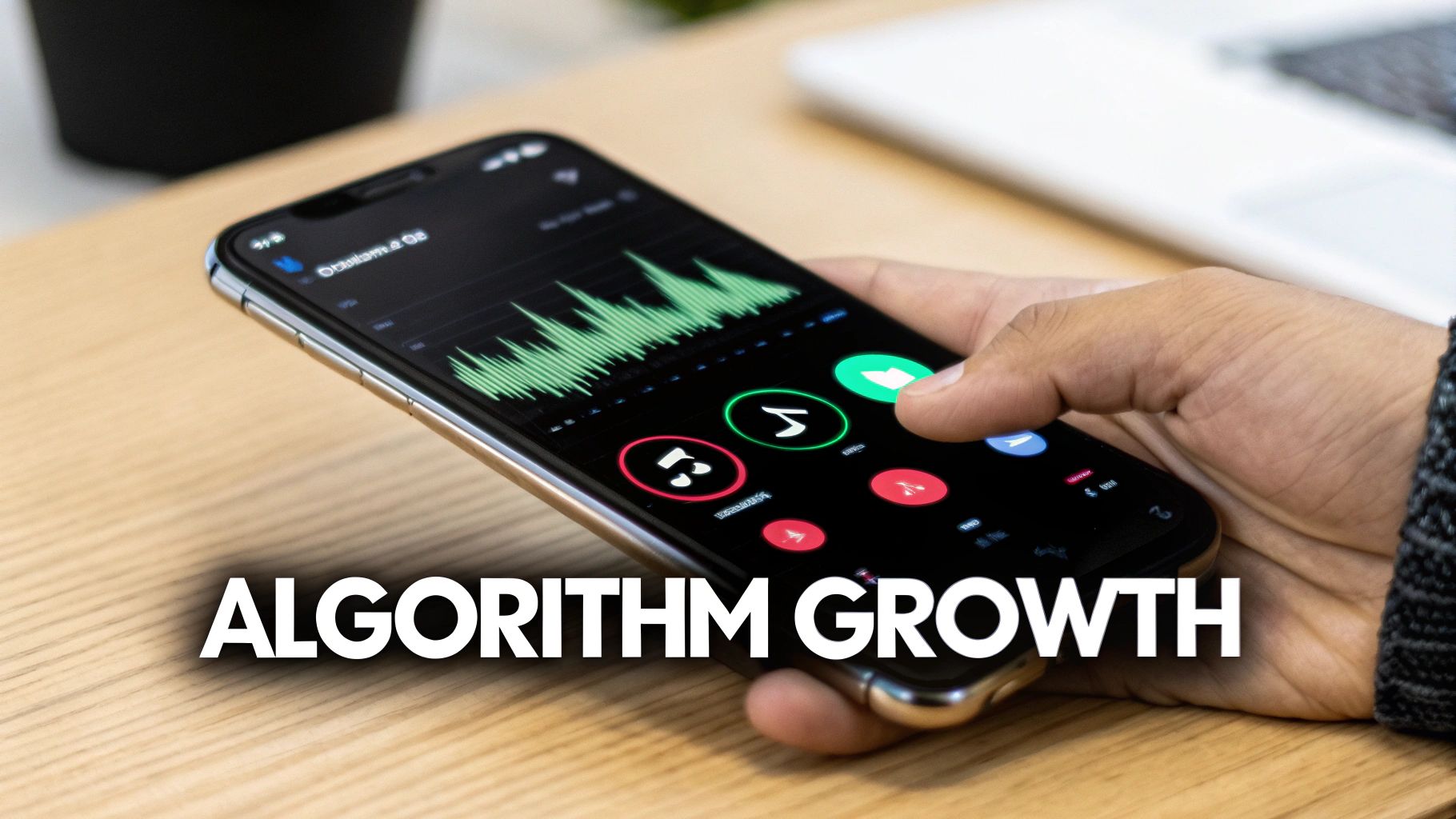 A hand holds a smartphone displaying a green algorithm growth chart on a music application, with 'ALGORITHM GROWTH' text overlay.