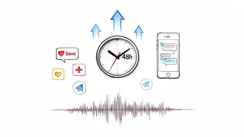 Hand-drawn illustration of digital engagement, showing a 48-hour clock, messages, save icon, and upward trends.