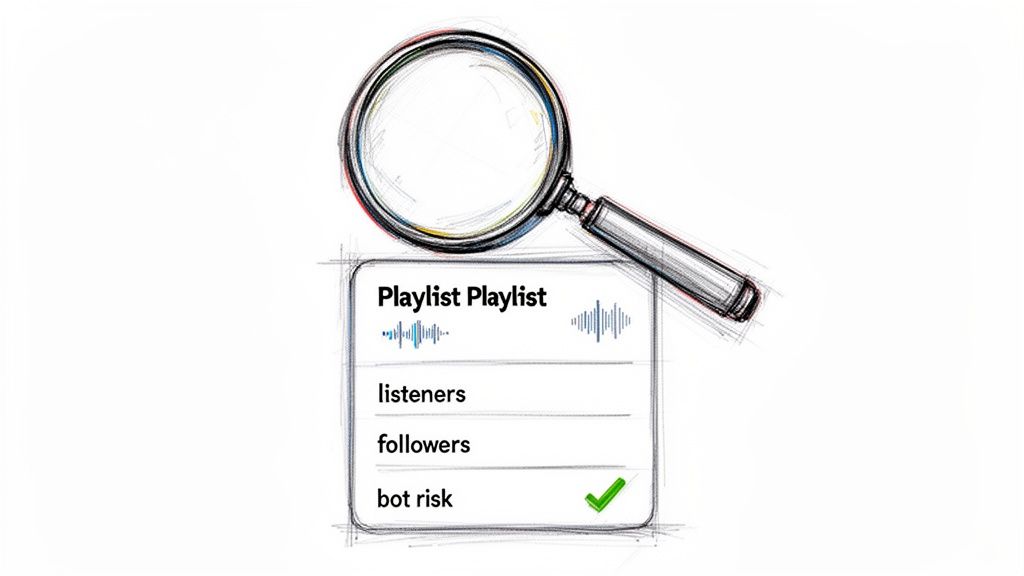 Magnifying glass inspecting a music playlist's data: listeners, followers, and low bot risk.