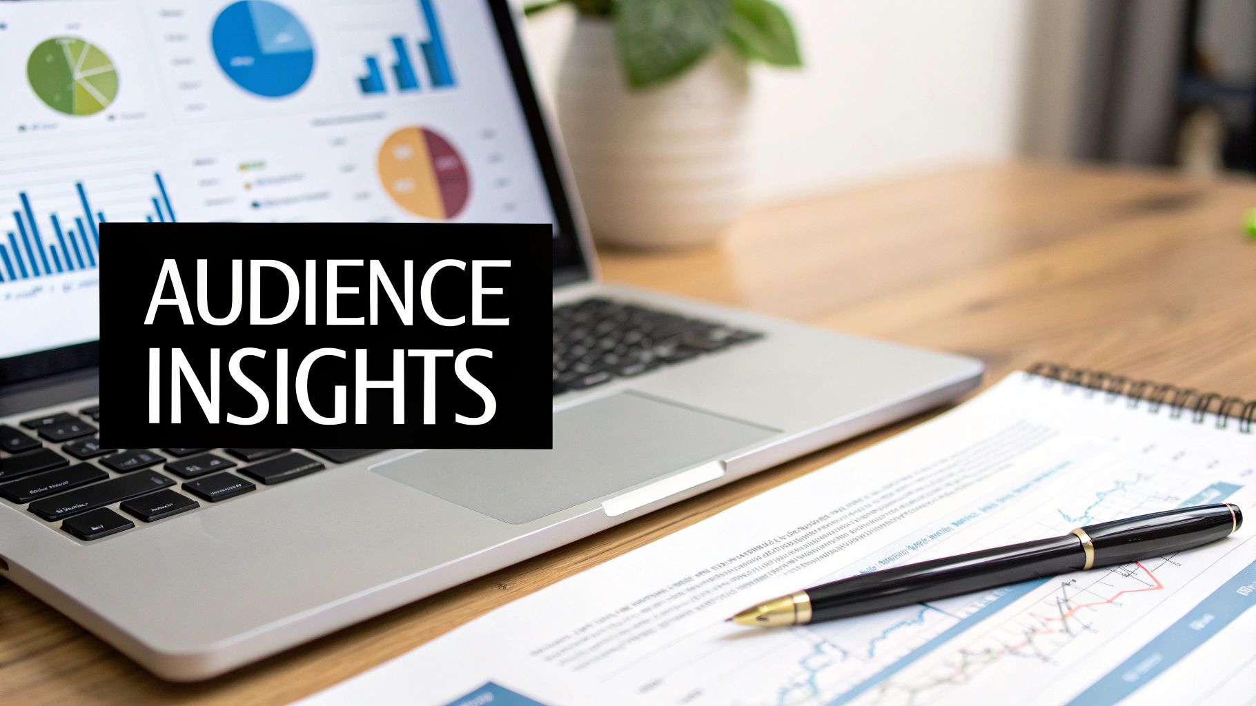 Laptop displaying charts and graphs with 'AUDIENCE INSIGHTS' text for marketing data analysis.
