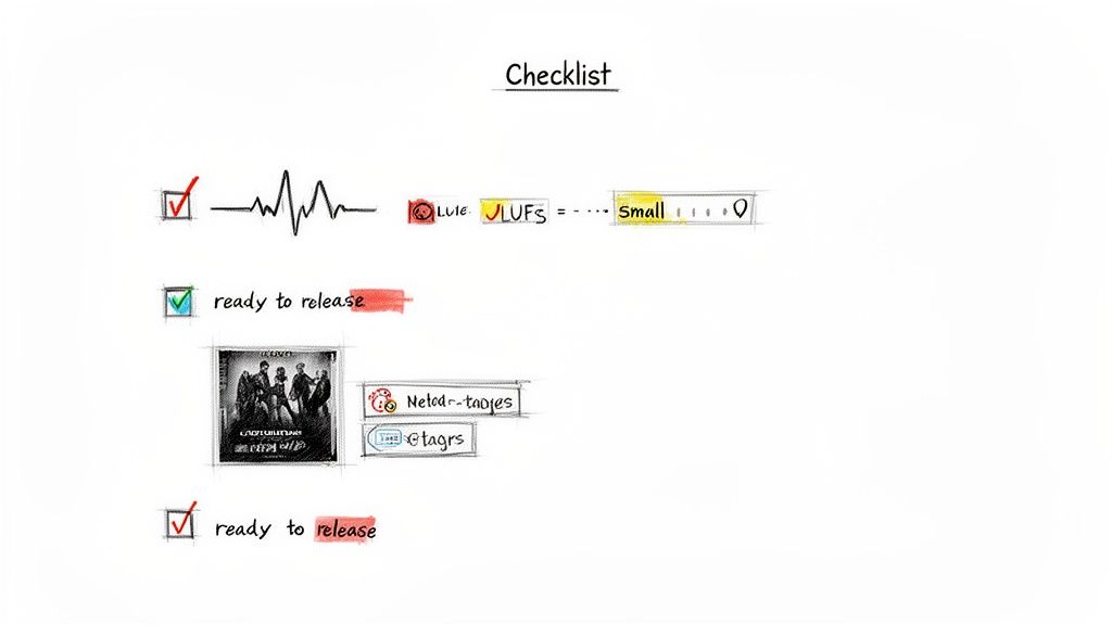 A handwritten checklist for music release, featuring checked items like 'ready to release' and audio level settings.