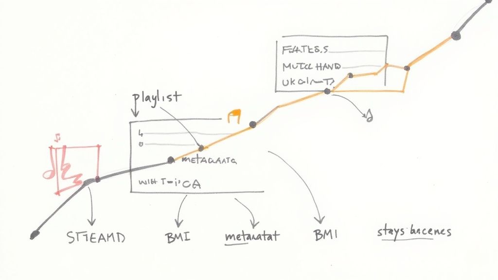 Hand-drawn diagram illustrating a music metadata and royalty distribution flow with a playlist.