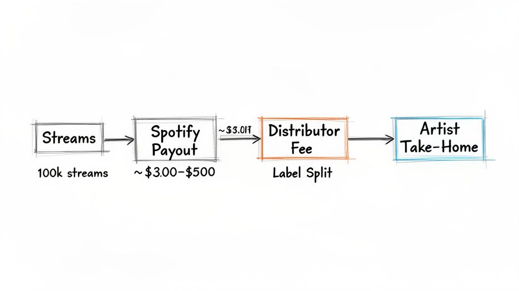 Flowchart illustrating artist earnings from 100k Spotify streams, through distributor fees, to take-home.