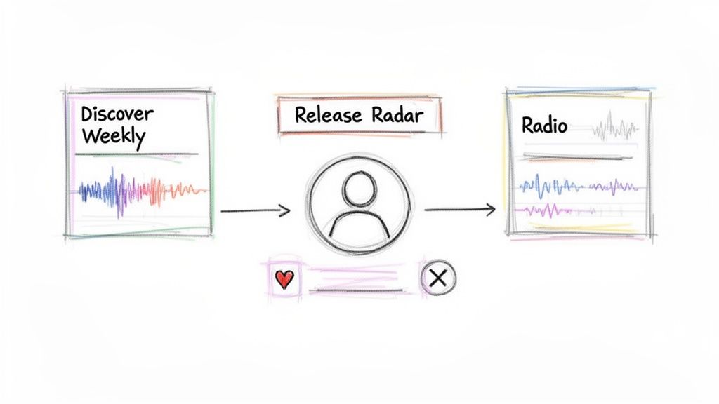A diagram illustrating a music discovery process, showing Discover Weekly, Release Radar, user preferences, and Radio features.