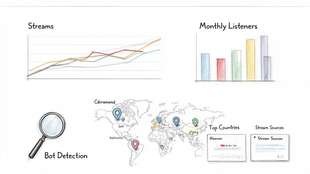 Dashboard visualizing music streaming data with line graphs, bar charts, a world map, and bot detection.