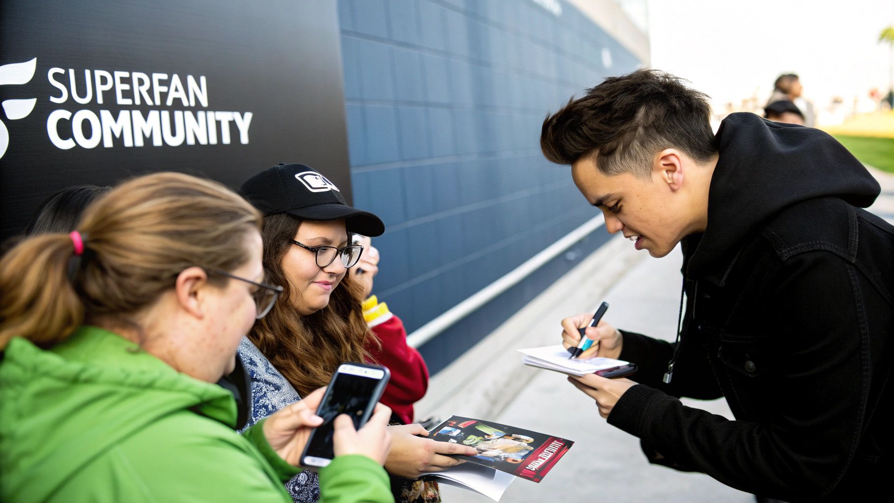 A person in a black hoodie signing autographs for two enthusiastic fans.