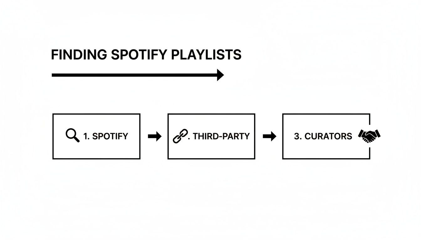 Flowchart illustrating three steps to find Spotify playlists: Spotify search, third-party tools, and curators.