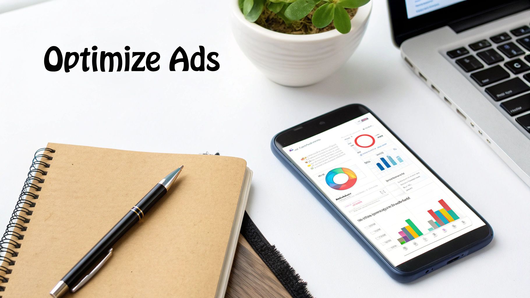 A desk with a smartphone displaying ad analytics, a notebook, pen, laptop, and 'Optimize Ads' text.