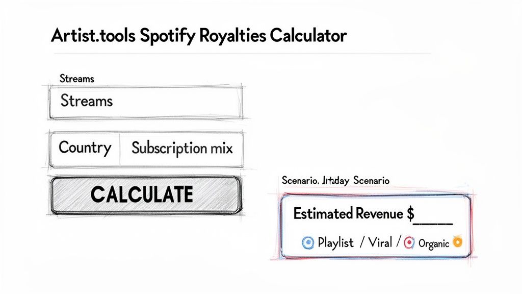 Artist.tools Spotify Royalties Calculator showing input fields for streams, country, and estimated revenue.