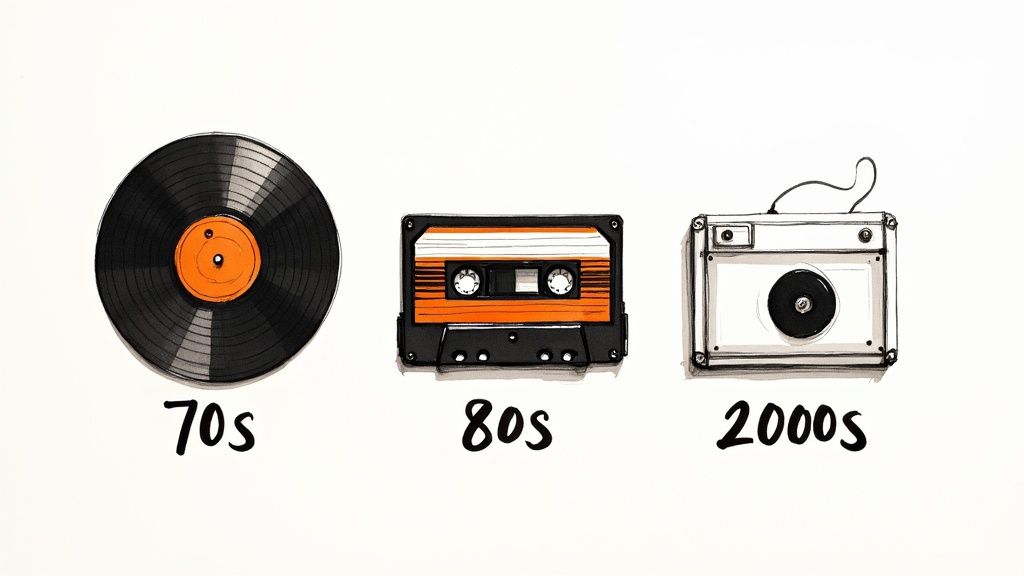 Illustration showing the evolution of music formats: a vinyl record (70s), a cassette tape (80s), and a digital music player (2000s).